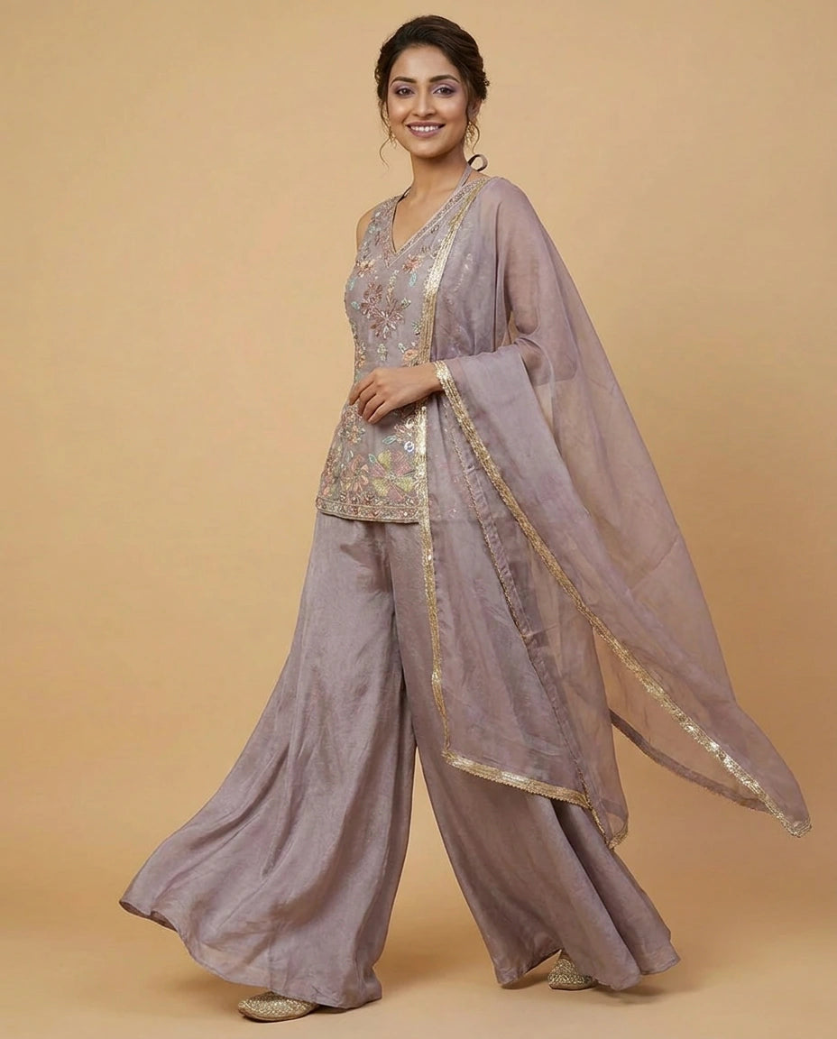 Tissue Long Choli Palazzo Set with Embroidered Detail - Rangoli India