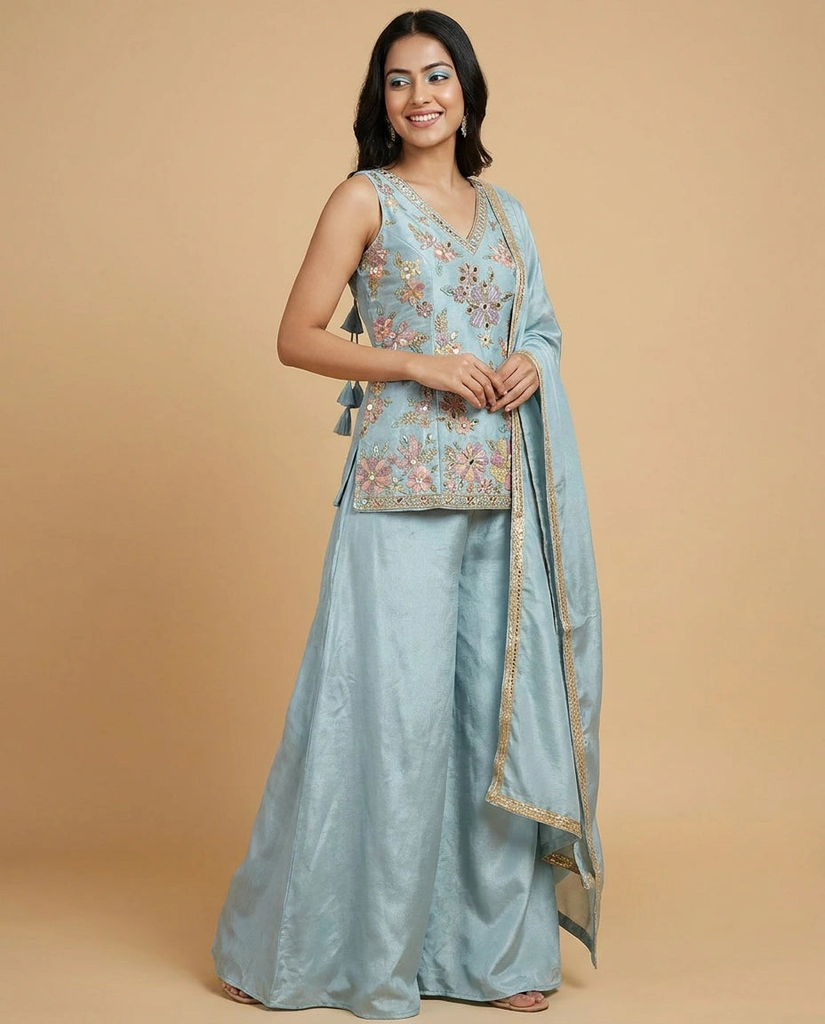 Tissue Long Choli Palazzo Set with Embroidered Detail - Rangoli India