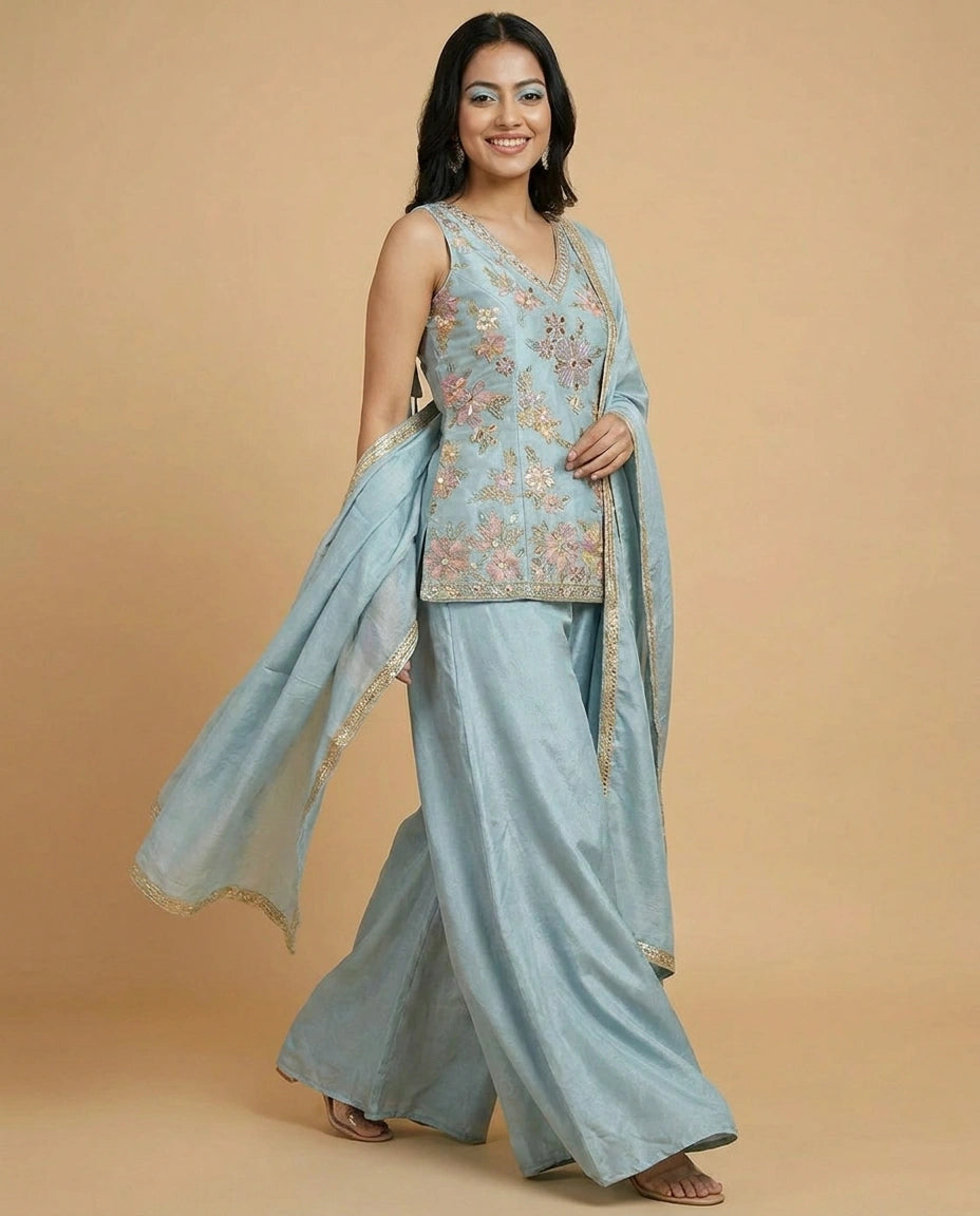 Tissue Long Choli Palazzo Set with Embroidered Detail - Rangoli India