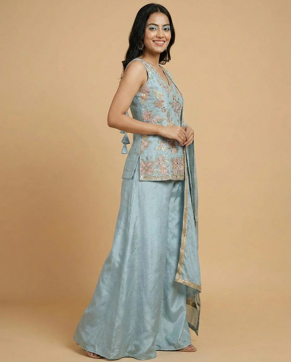 Tissue Long Choli Palazzo Set with Embroidered Detail - Rangoli India