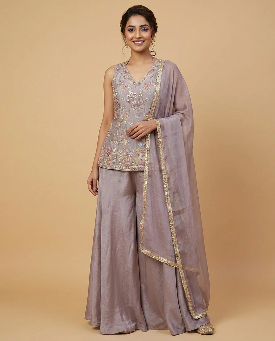 Tissue Long Choli Palazzo Set with Embroidered Detail - Rangoli India