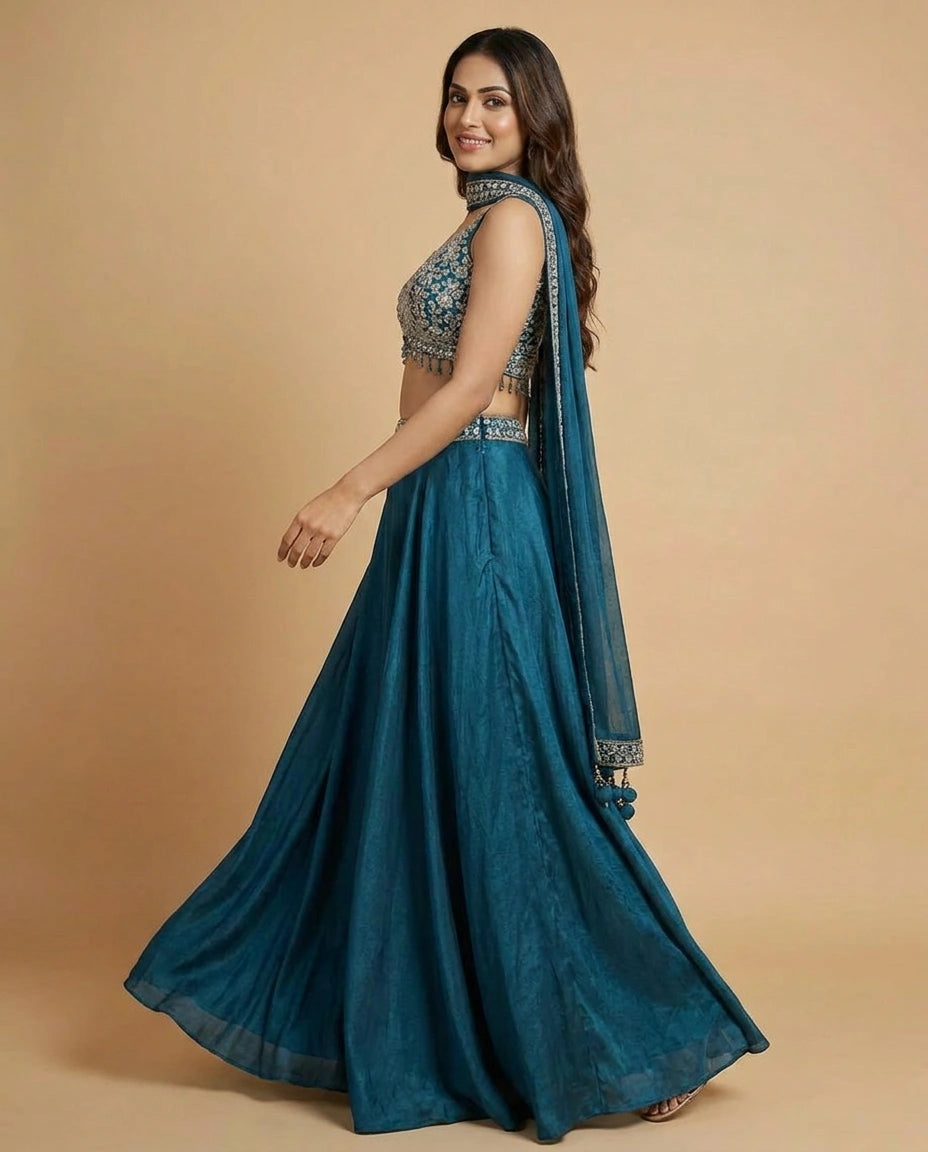Tissue Choli Short Palazzo Set with Embroidered Yoke - Rangoli India