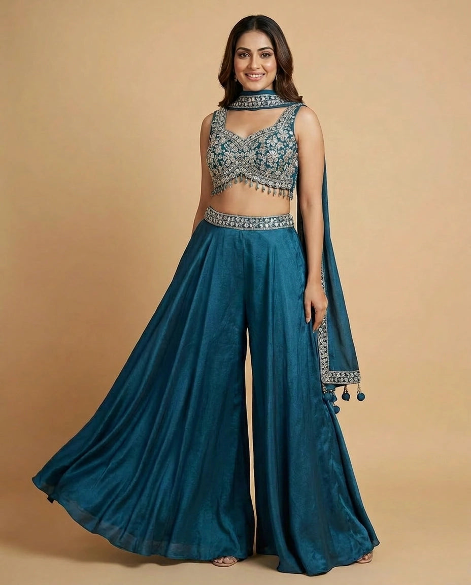 Tissue Choli Short Palazzo Set with Embroidered Yoke - Rangoli India
