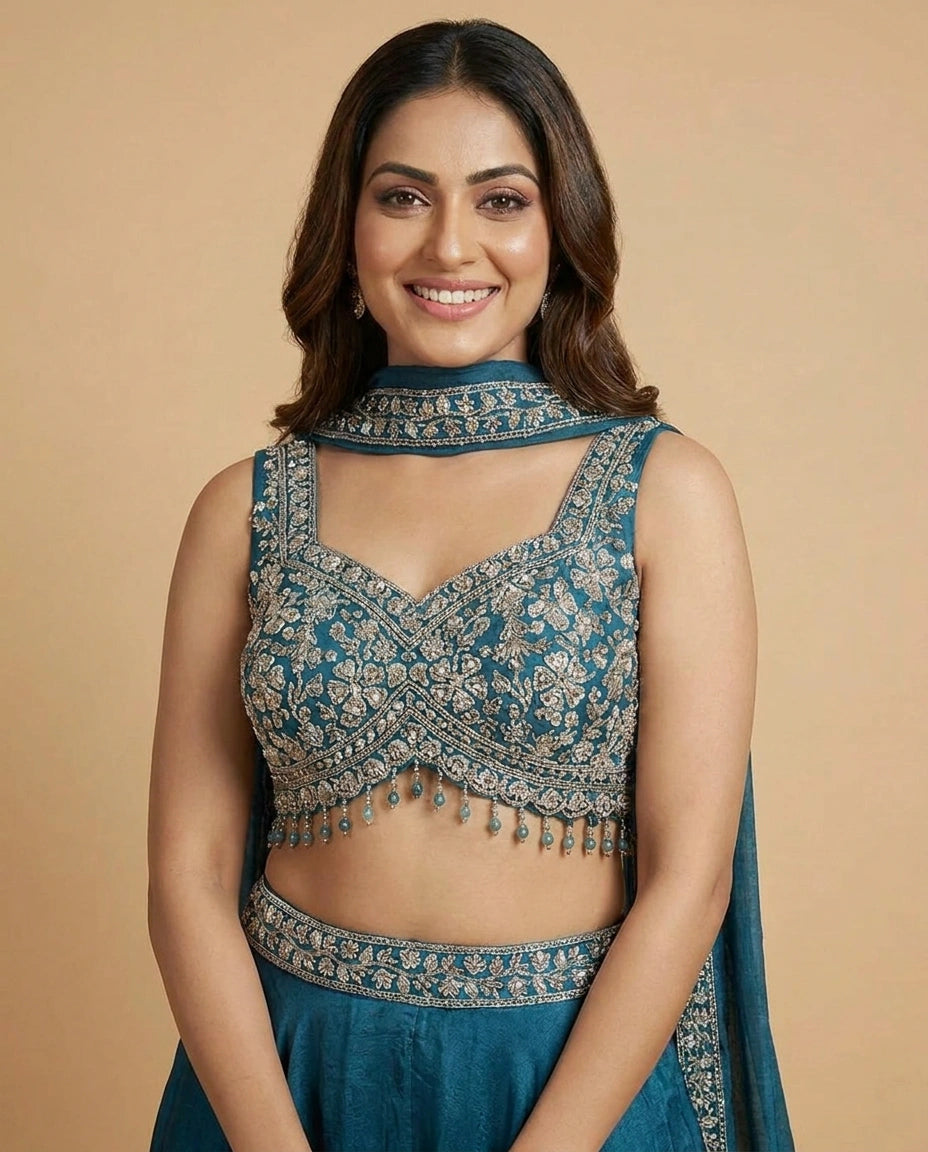 Tissue Choli Short Palazzo Set with Embroidered Yoke - Rangoli India