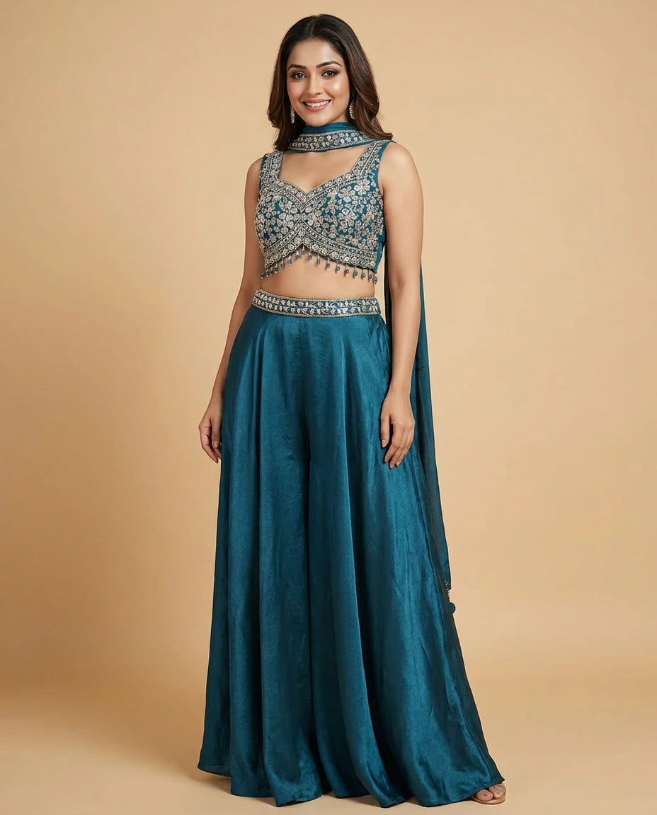 Tissue Choli Short Palazzo Set with Embroidered Yoke - Rangoli India