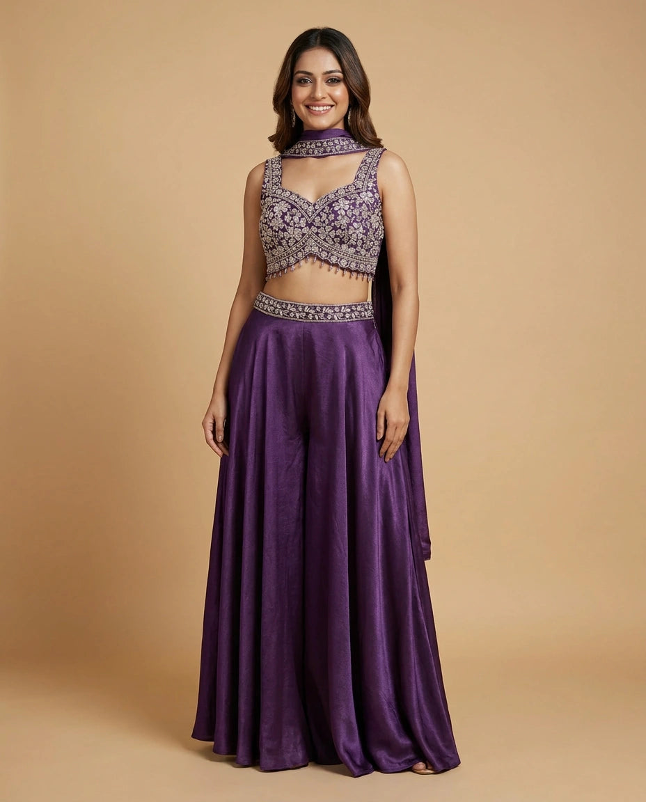 Tissue Choli Short Palazzo Set with Embroidered Yoke - Rangoli India