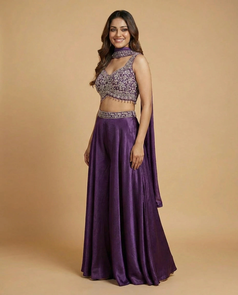Tissue Choli Short Palazzo Set with Embroidered Yoke - Rangoli India
