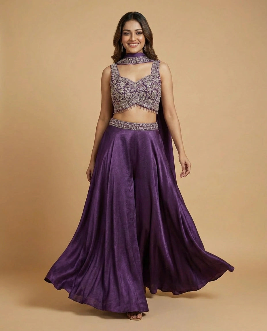 Tissue Choli Short Palazzo Set with Embroidered Yoke - Rangoli India