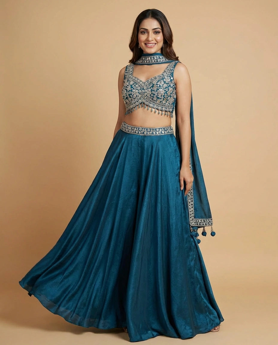 Tissue Choli Short Palazzo Set with Embroidered Yoke - Rangoli India