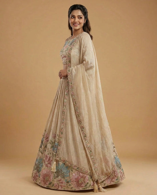 Raw Silk Croptop Lehenga with Floral Embroidery - Rangoli India