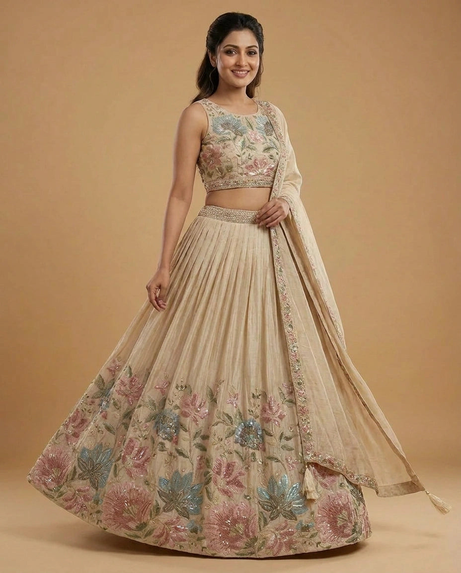Raw Silk Croptop Lehenga with Floral Embroidery - Rangoli India