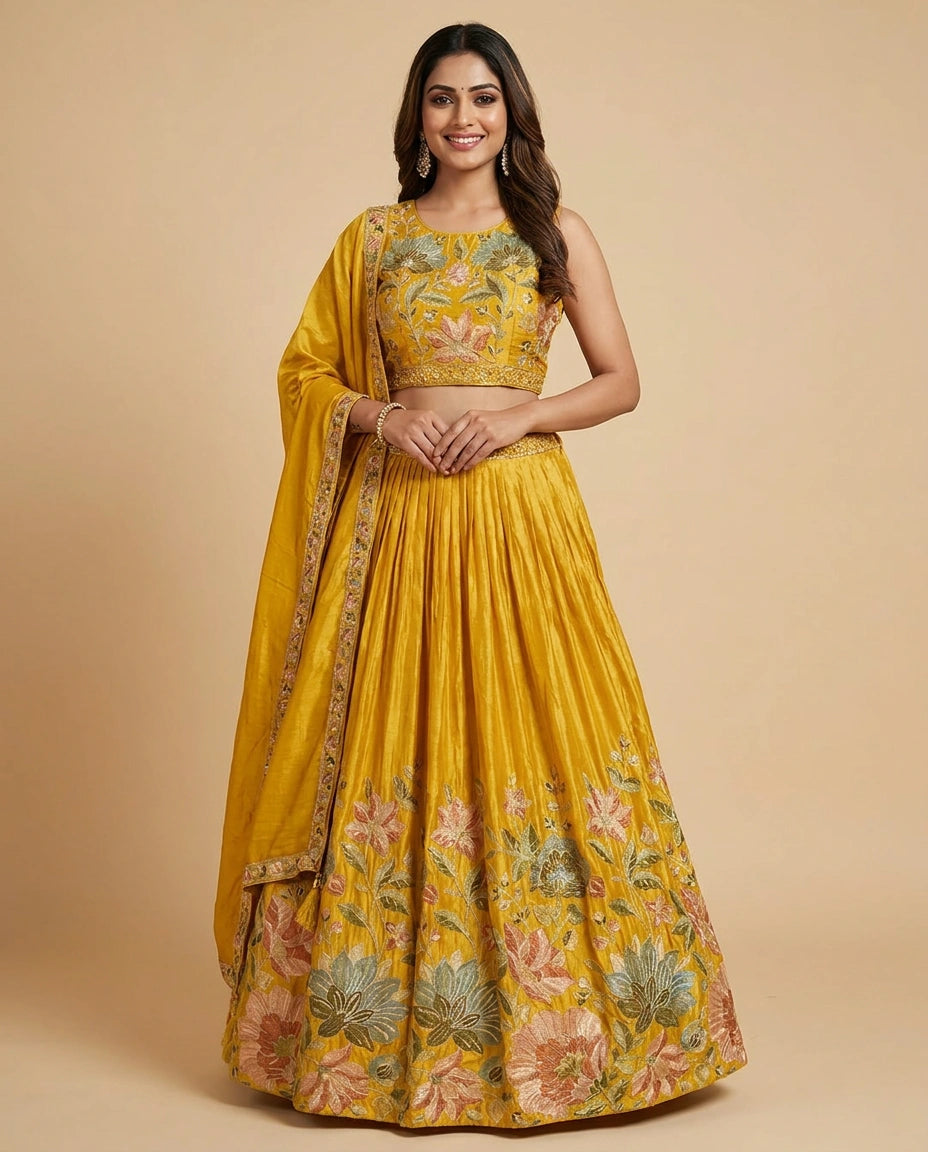 Raw Silk Croptop Lehenga with Floral Embroidery - Rangoli India