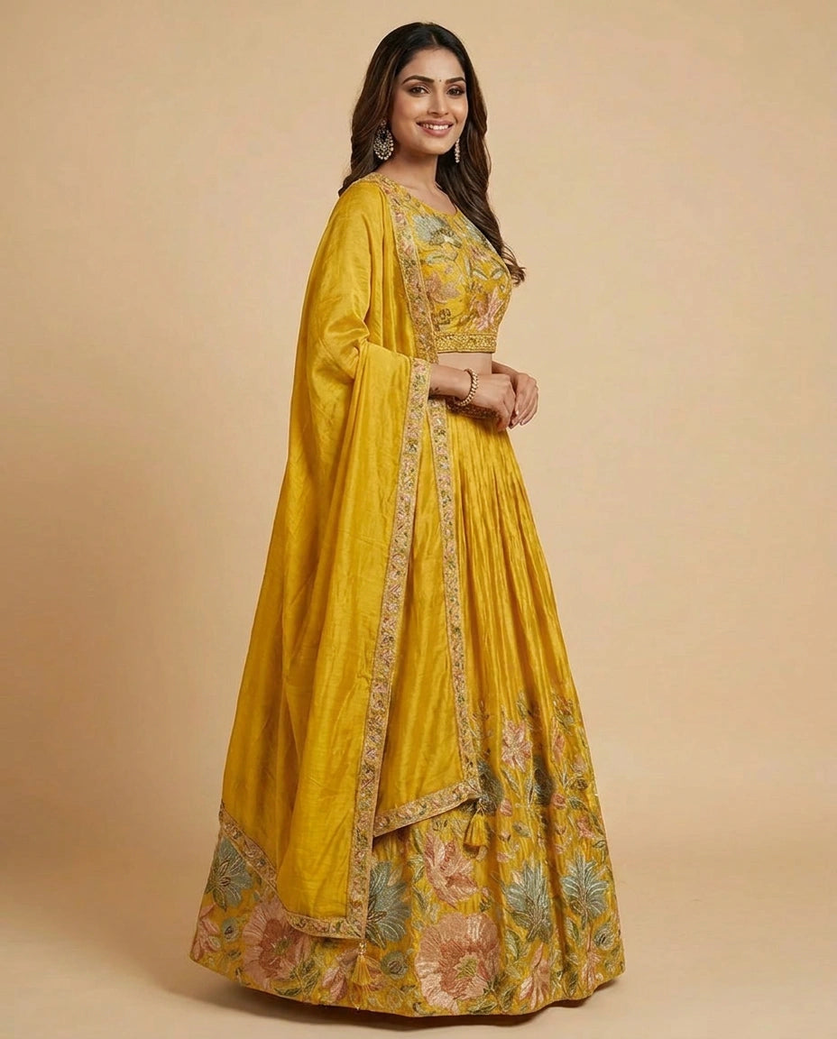 Raw Silk Croptop Lehenga with Floral Embroidery - Rangoli India