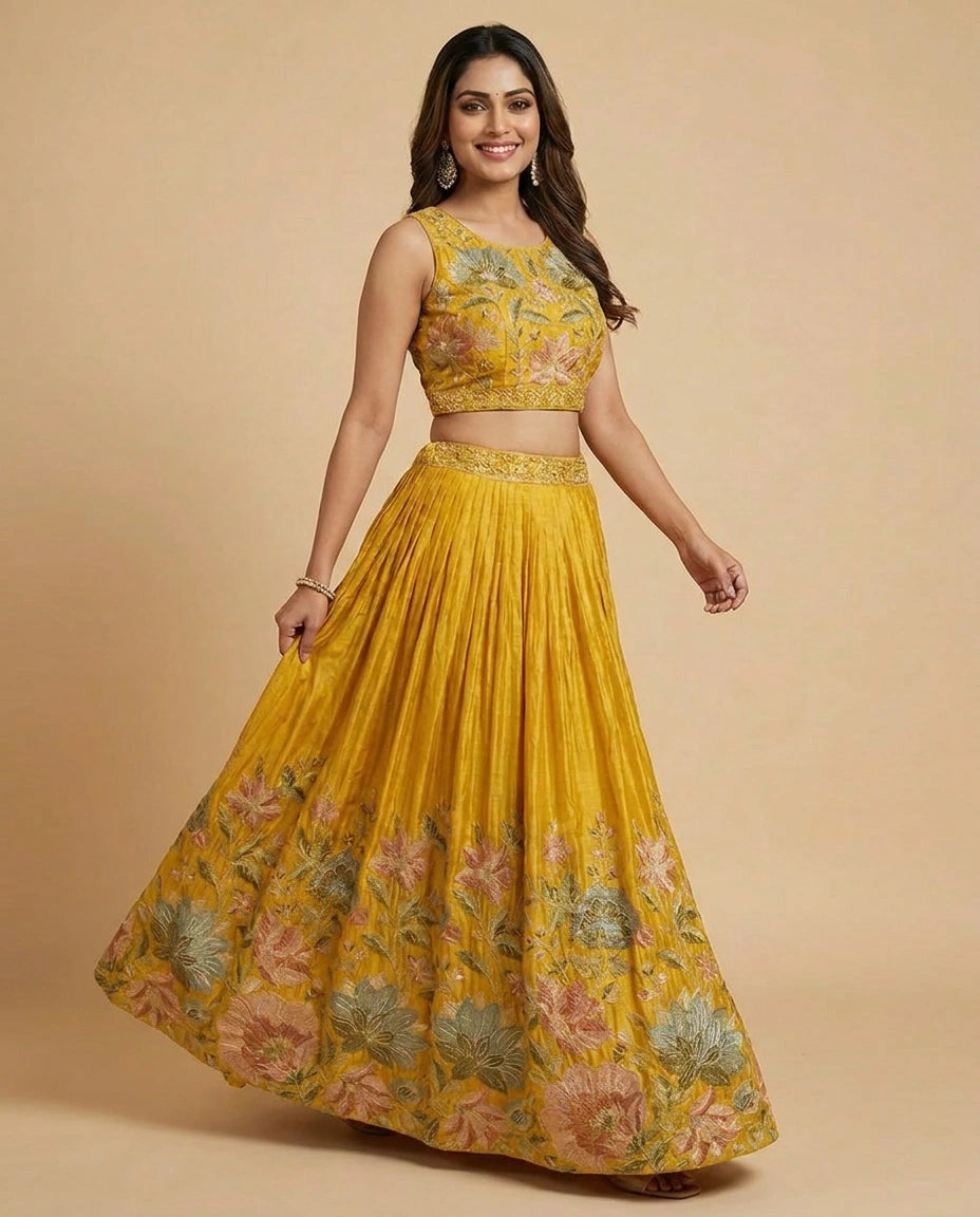 Raw Silk Croptop Lehenga with Floral Embroidery - Rangoli India