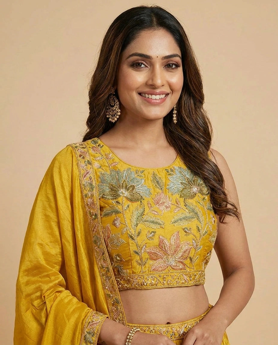 Raw Silk Croptop Lehenga with Floral Embroidery - Rangoli India
