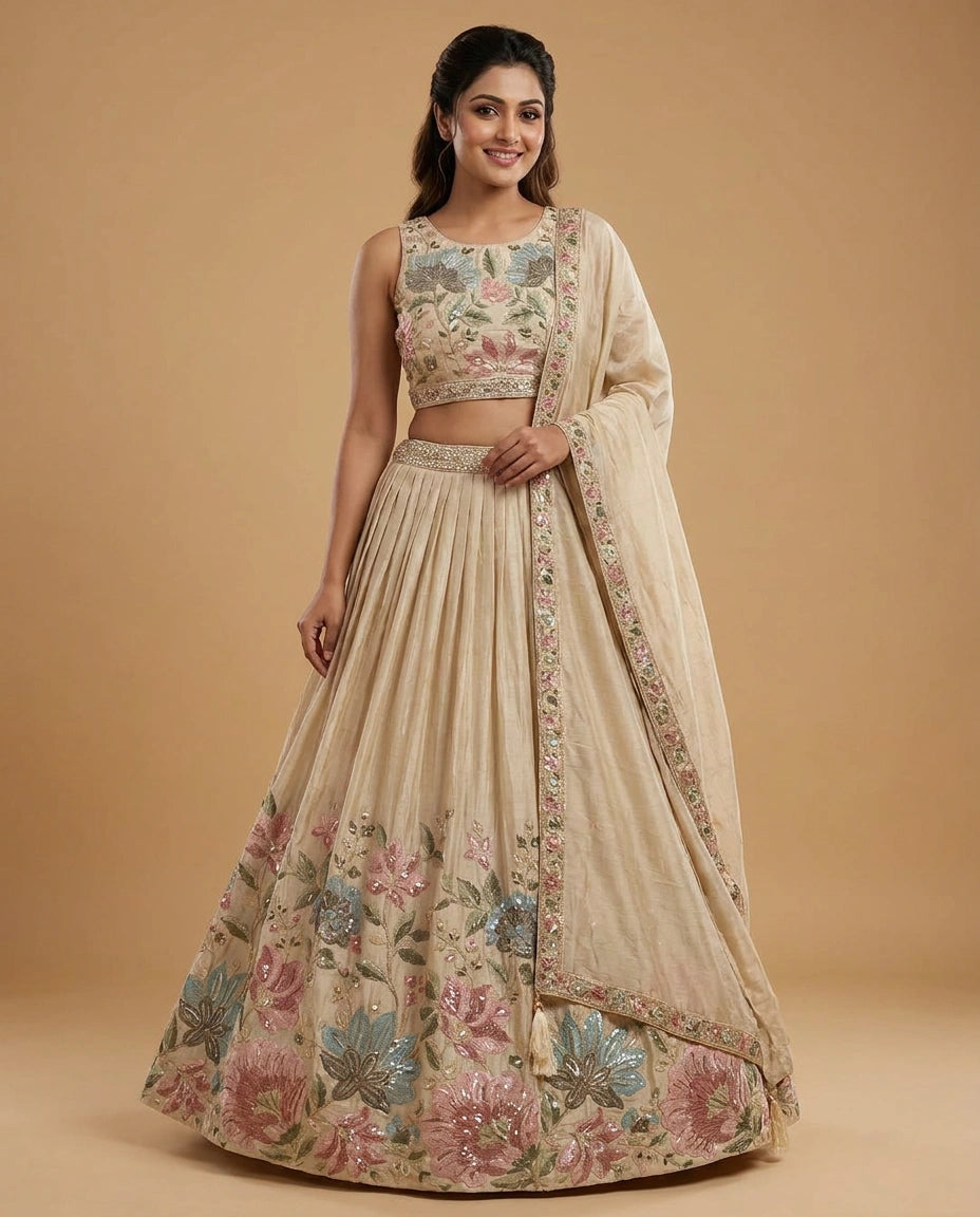 Raw Silk Croptop Lehenga with Floral Embroidery - Rangoli India