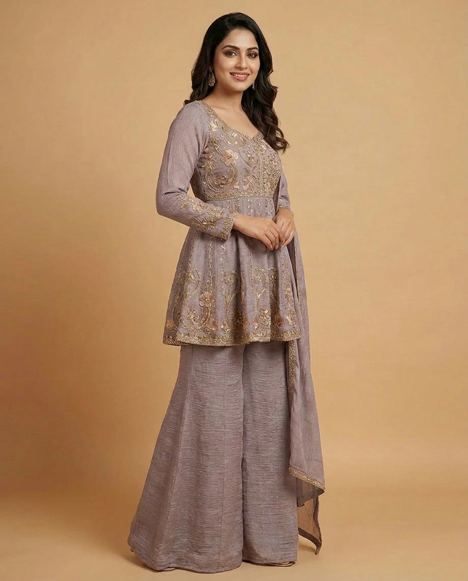 Mauve Crush Tissue Peplum Choli Palazzo Set - Rangoli India