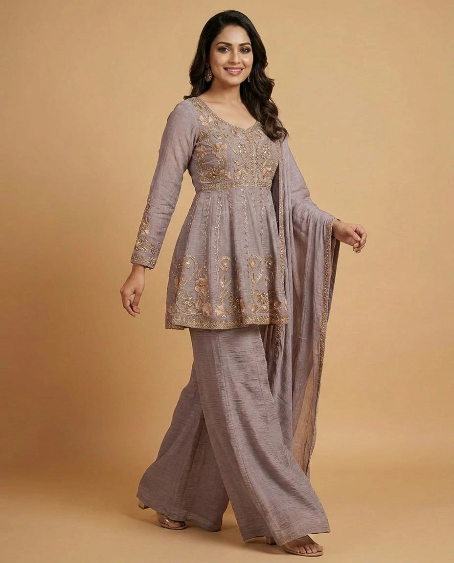 Mauve Crush Tissue Peplum Choli Palazzo Set - Rangoli India