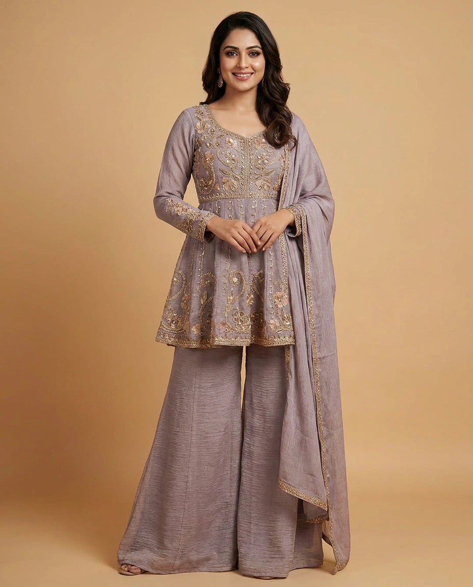 Mauve Crush Tissue Peplum Choli Palazzo Set - Rangoli India