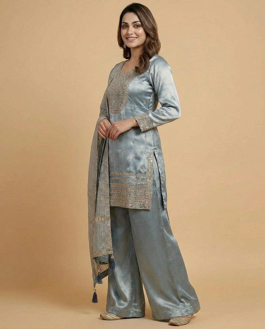Tissue Suit Palazzo with Printed Floral Pattern - Rangoli India