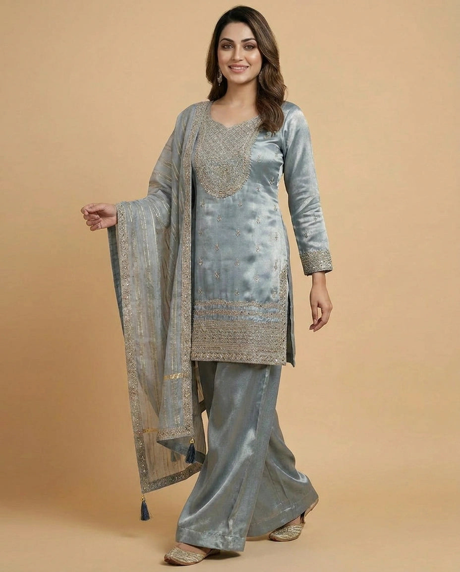 Tissue Suit Palazzo with Printed Floral Pattern - Rangoli India