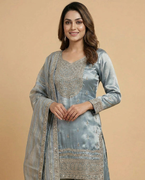 Tissue Suit Palazzo with Printed Floral Pattern - Rangoli India