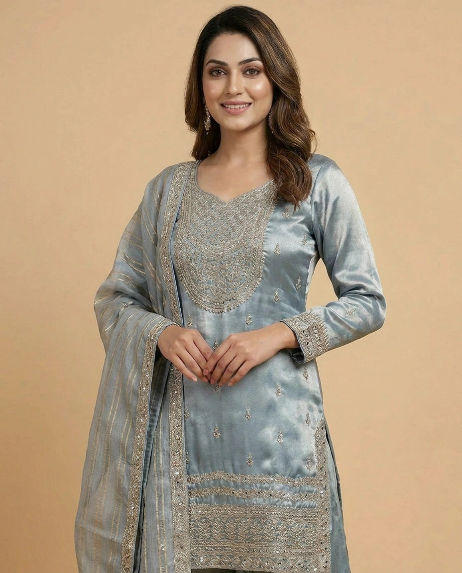 Tissue Suit Palazzo with Printed Floral Pattern - Rangoli India