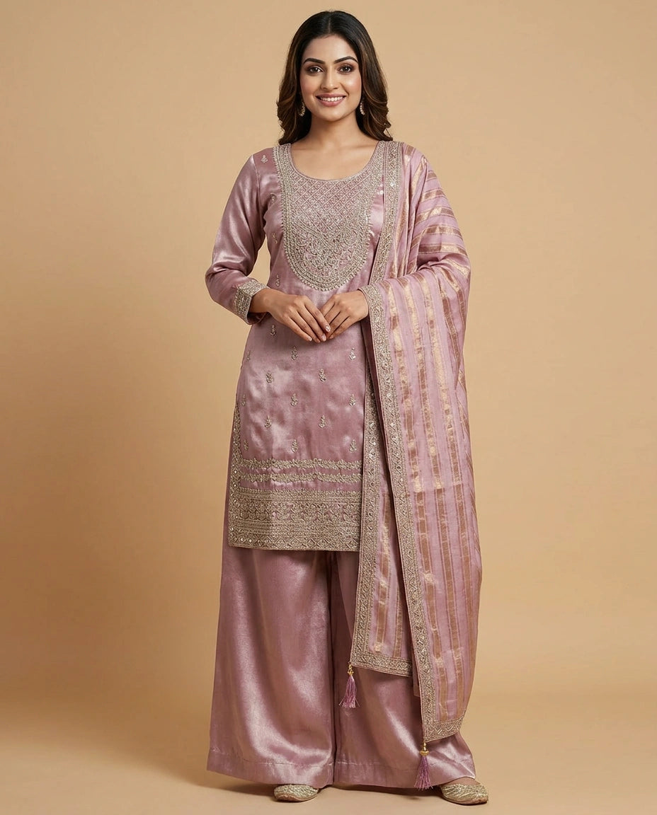 Tissue Suit Palazzo with Printed Floral Pattern - Rangoli India