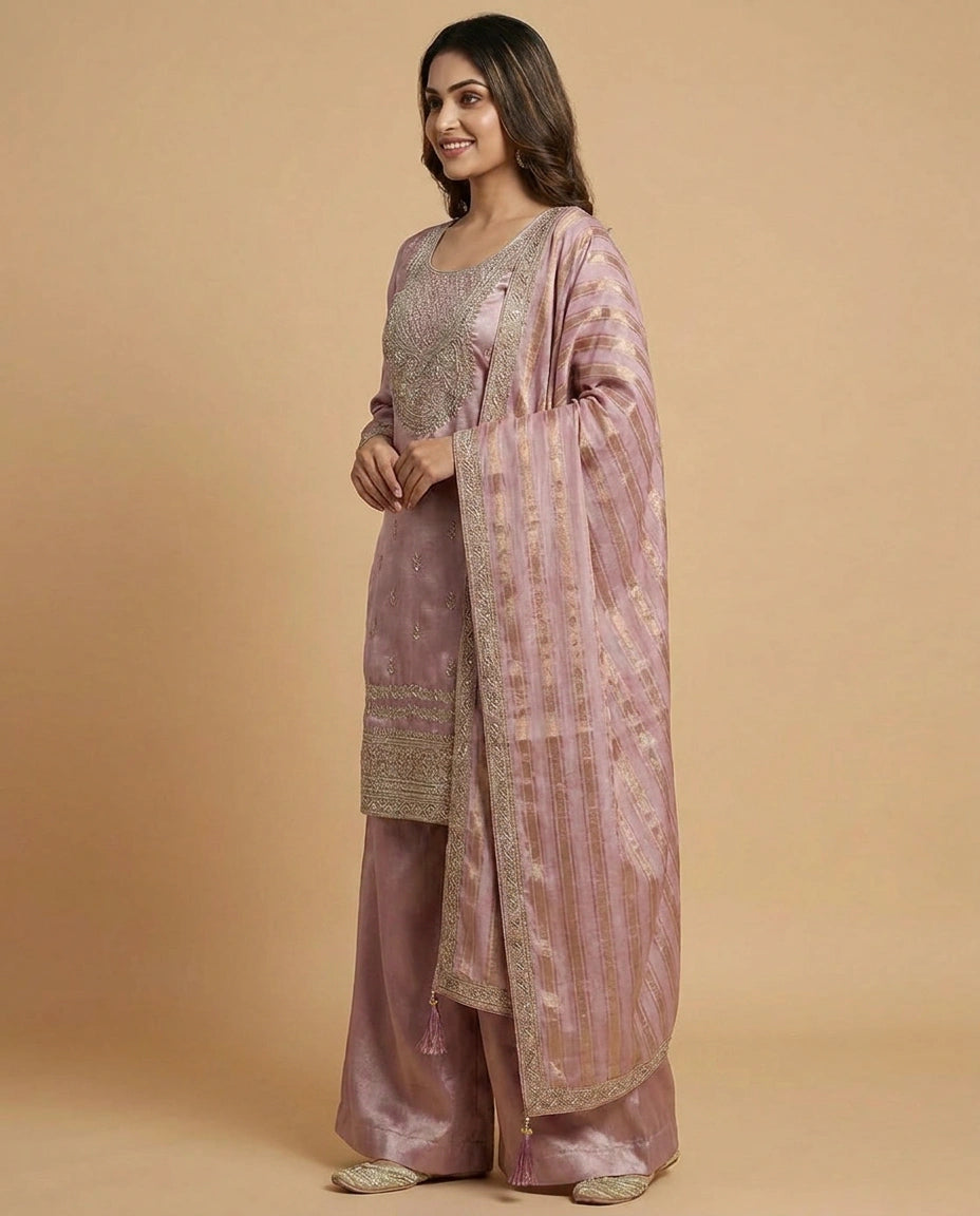 Tissue Suit Palazzo with Printed Floral Pattern - Rangoli India