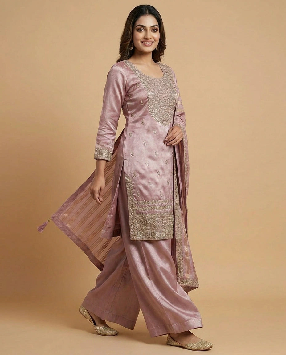 Tissue Suit Palazzo with Printed Floral Pattern - Rangoli India