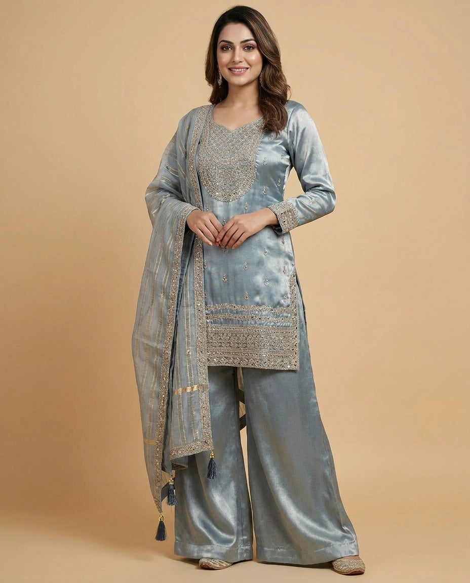Tissue Suit Palazzo with Printed Floral Pattern - Rangoli India