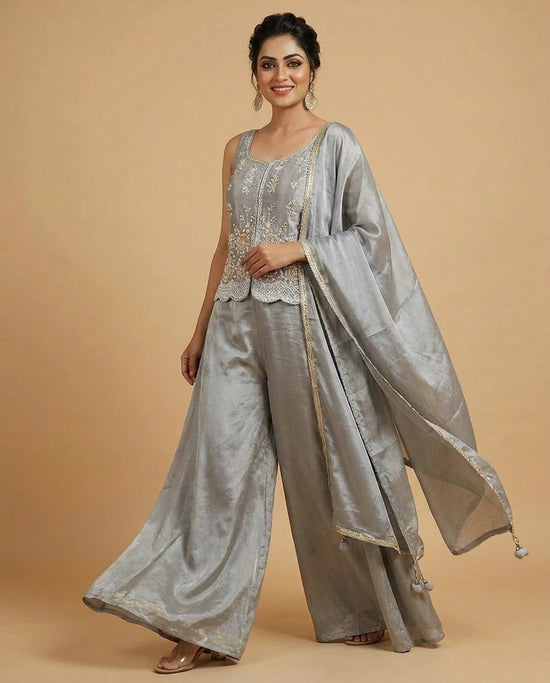 Tissue Long Choli Palazzo Set with Embroidered Jacket - Rangoli India
