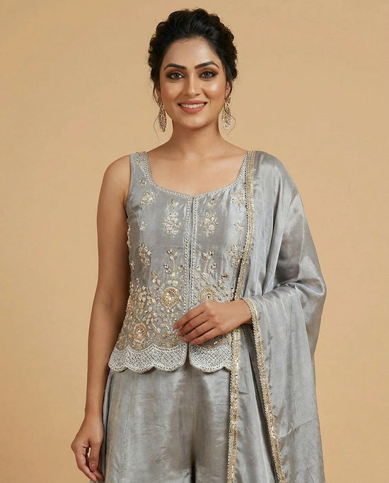 Tissue Long Choli Palazzo Set with Embroidered Jacket - Rangoli India