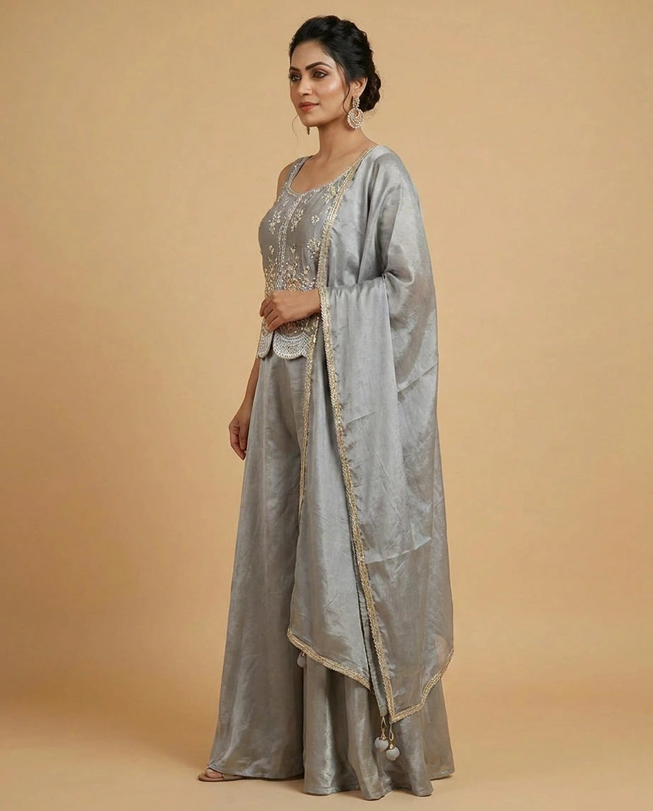 Tissue Long Choli Palazzo Set with Embroidered Jacket - Rangoli India