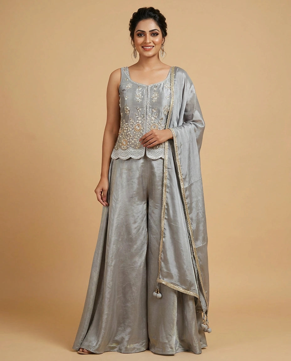 Tissue Long Choli Palazzo Set with Embroidered Jacket - Rangoli India