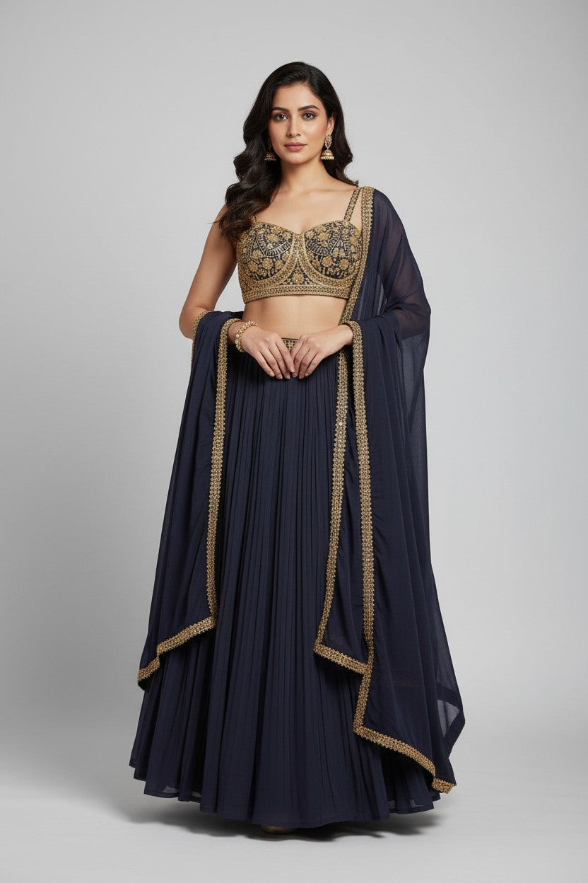 Designer Chinon Chiffon Lehenga Crop Top Set - Yellow | Rangoli