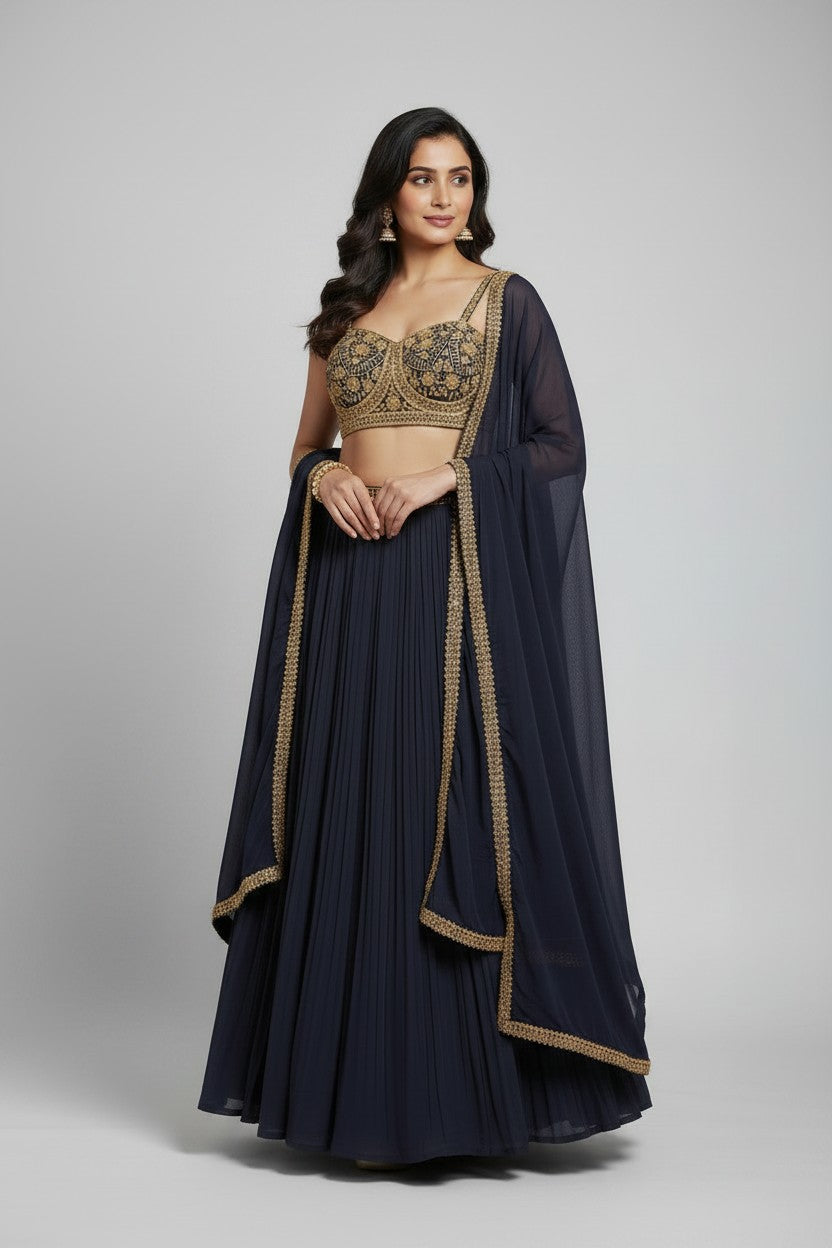 Designer Chinon Chiffon Lehenga Crop Top Set - Firozi Blue | Rangoli