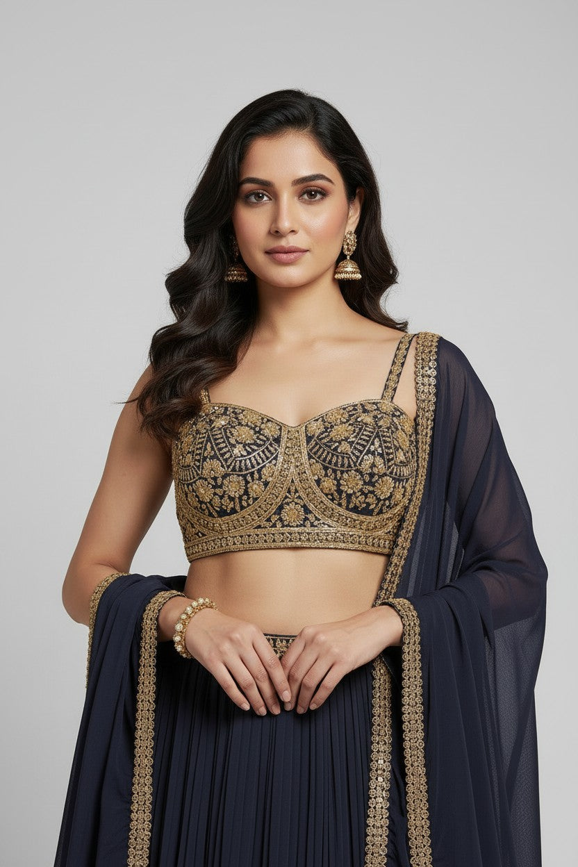 Designer Chinon Chiffon Lehenga Crop Top Set - Navy Blue | Rangoli