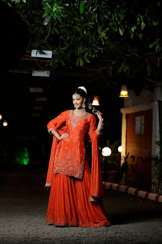 Orange Chinon Sharara Suit