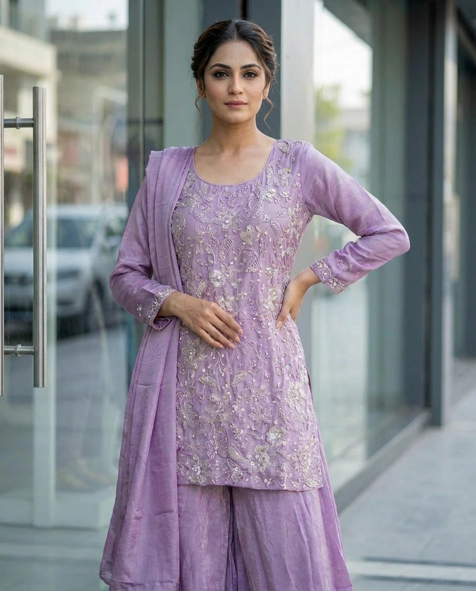 Chinon Silk Palazzo Suit with Sequin and Zari Embroidery - Rangoli India