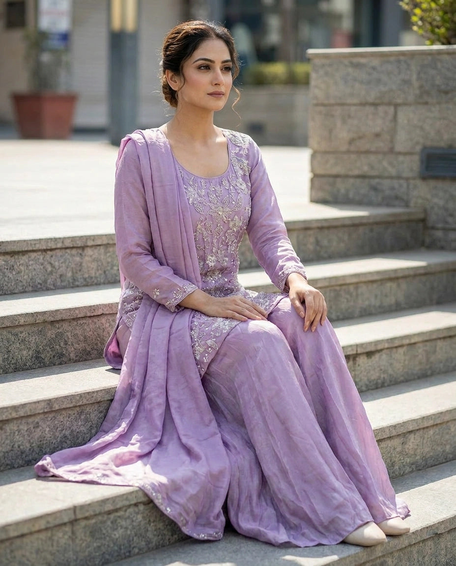 Chinon Silk Palazzo Suit with Sequin and Zari Embroidery - Rangoli India