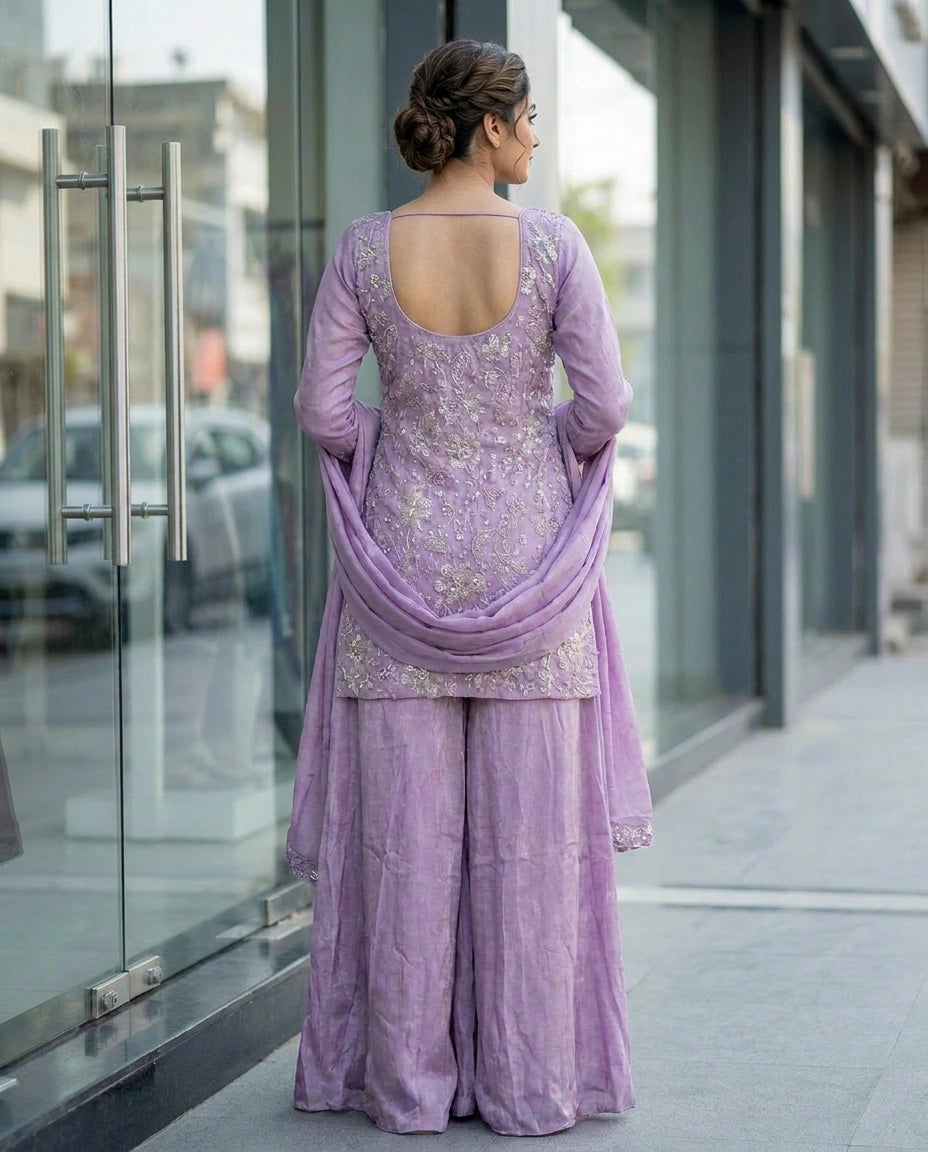 Chinon Silk Palazzo Suit with Sequin and Zari Embroidery - Rangoli India