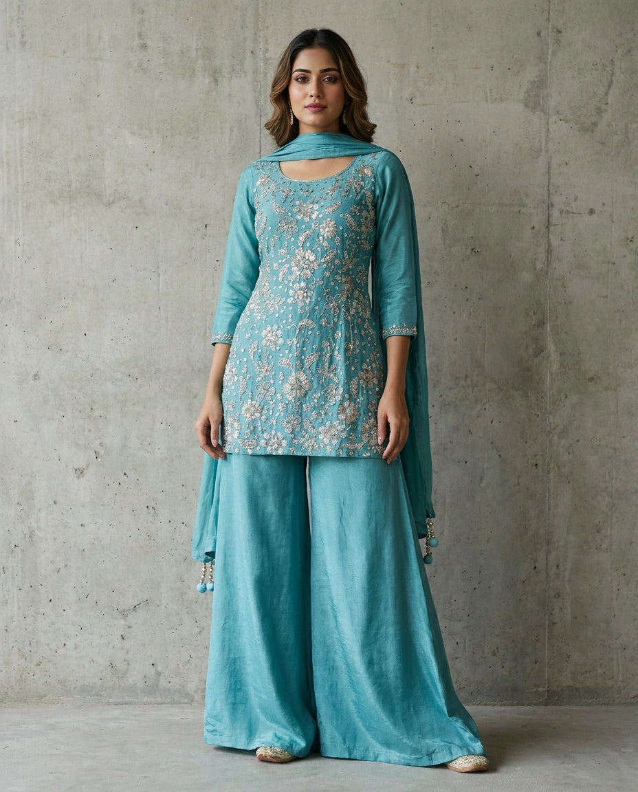 Chinon Silk Palazzo Suit with Sequin and Zari Embroidery - Rangoli India
