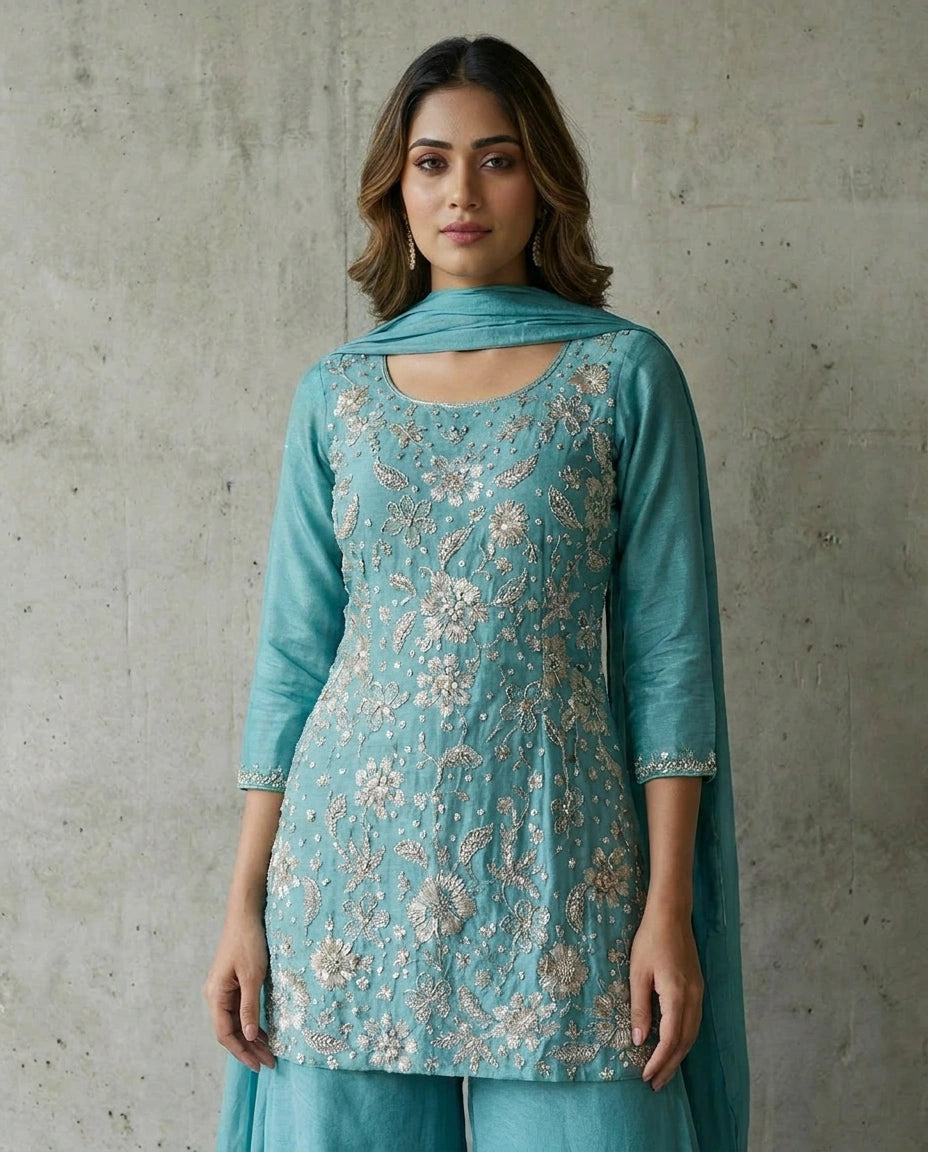 Chinon Silk Palazzo Suit with Sequin and Zari Embroidery - Rangoli India