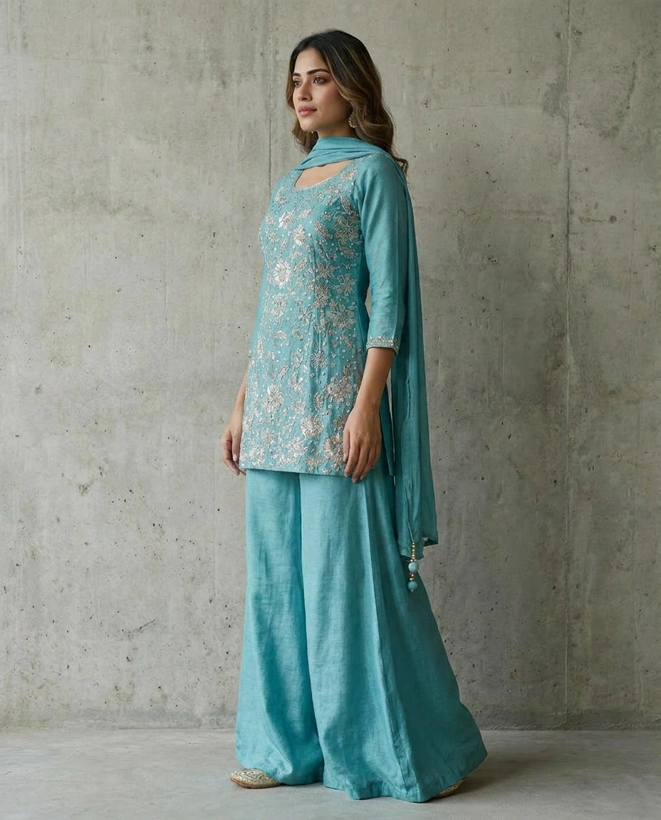 Chinon Silk Palazzo Suit with Sequin and Zari Embroidery - Rangoli India