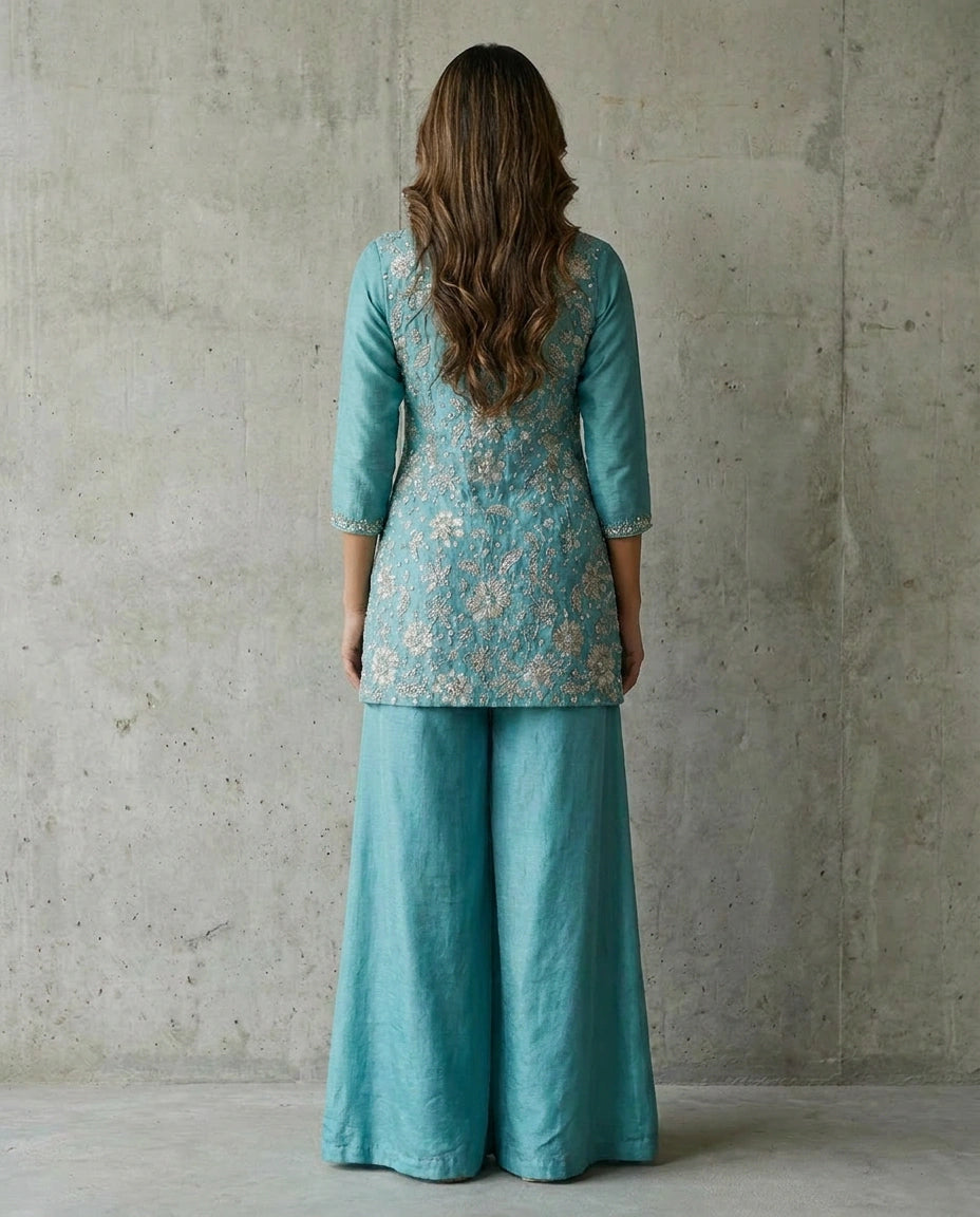 Chinon Silk Palazzo Suit with Sequin and Zari Embroidery - Rangoli India