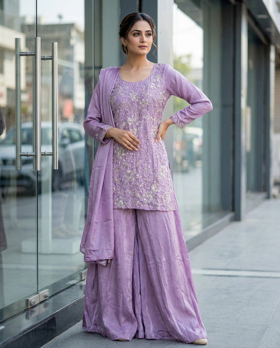 Chinon Silk Palazzo Suit with Sequin and Zari Embroidery - Rangoli India