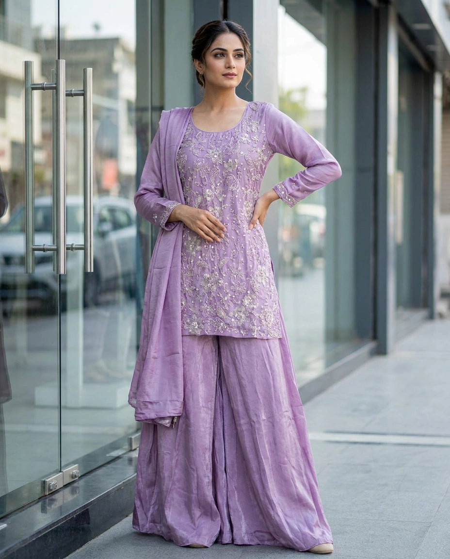 Chinon Silk Palazzo Suit with Sequin and Zari Embroidery - Rangoli India