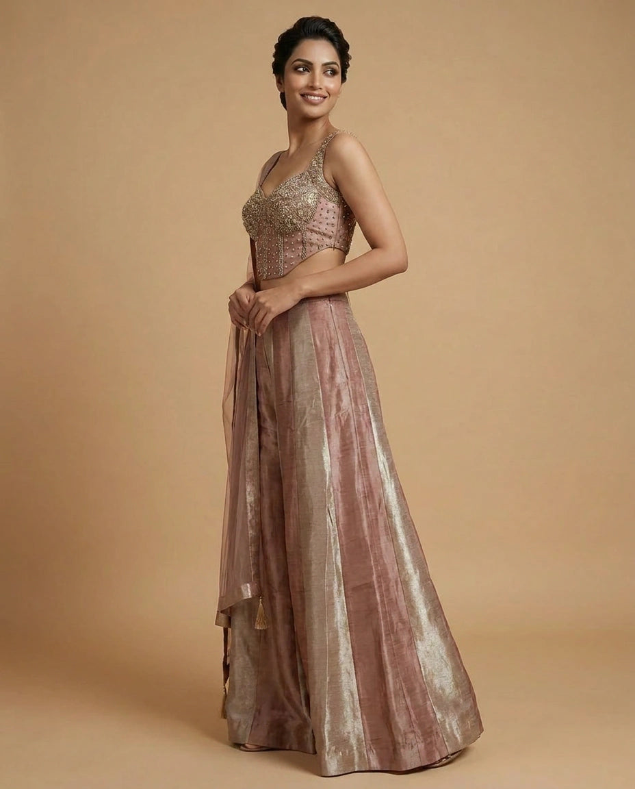 Onion Pink Tissue Choli Short Palazzo with Sequin Work - Rangoli India
