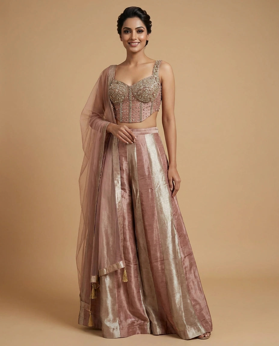 Onion Pink Tissue Choli Short Palazzo with Sequin Work - Rangoli India